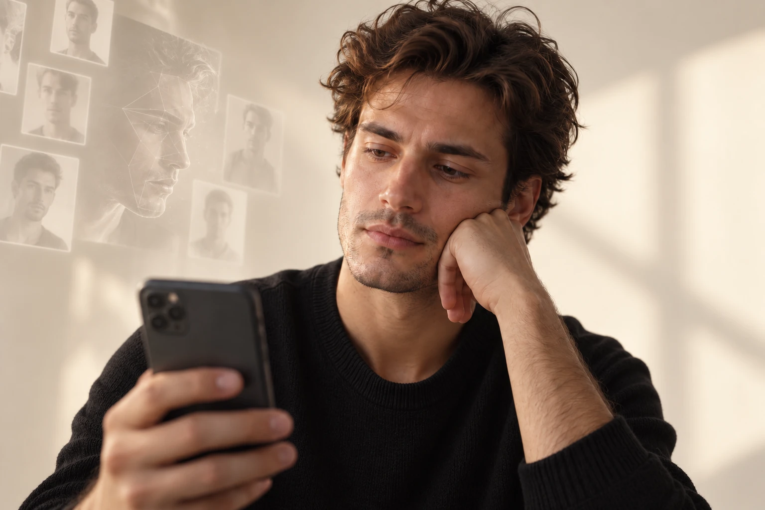 Ein erwachsener Mann im schwarzen Pullover betrachtet sein Smartphone; im elfenbeinfarbenen Hintergrund erscheinen angedeutete digitale Porträts.
