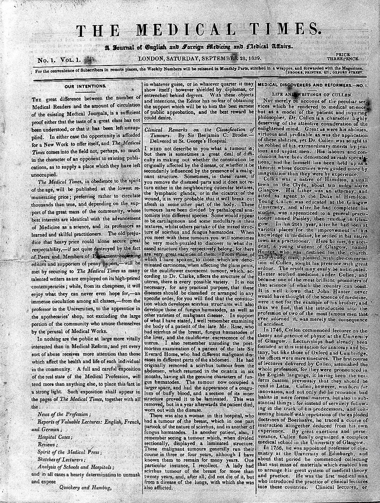 Eröffnungsseite von The Medical Times, London, 28. September 1839, mit Zeitungskopf und der redaktionellen Überschrift Our Intentions.