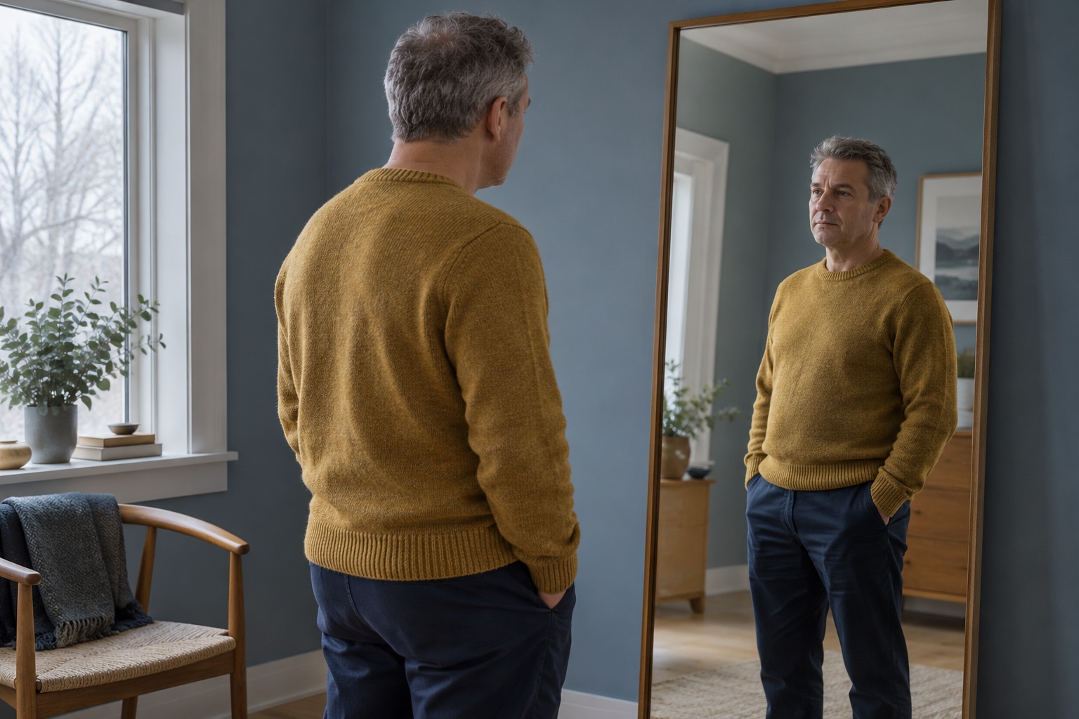Fotografia simbolica generata con IA di un uomo adulto con maglione ocra e pantaloni blu scuro davanti a uno specchio in una stanza dalle pareti blu.