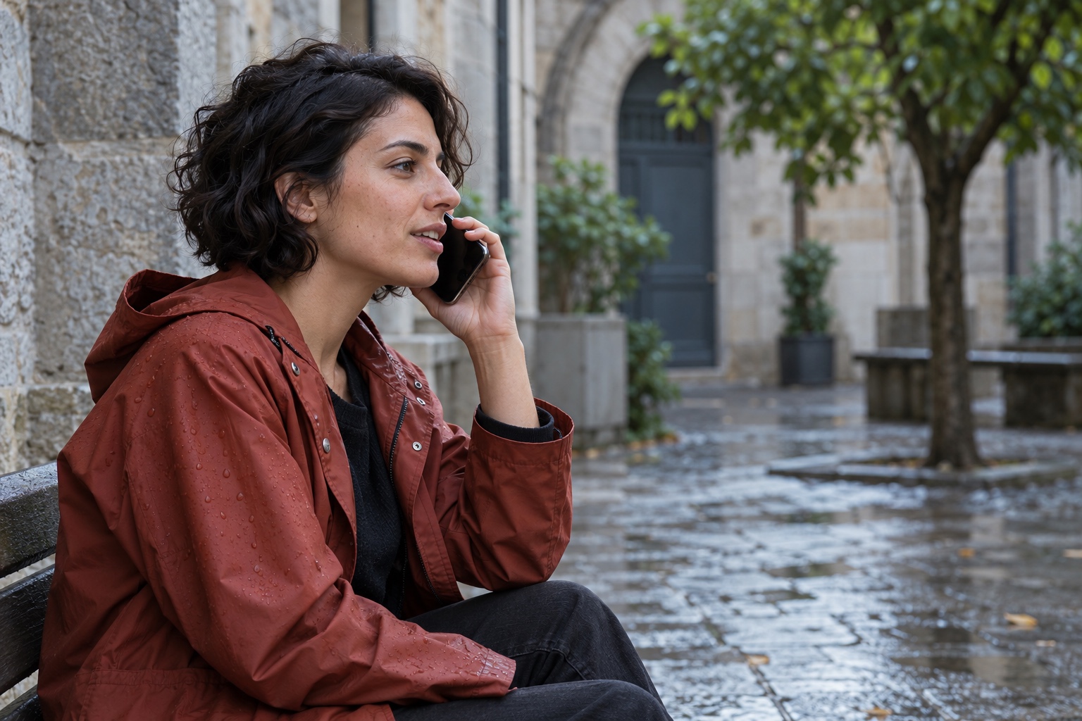 Immagine generata con IA di una donna adulta in impermeabile rosso mattone che parla al telefono in un cortile di pietra.