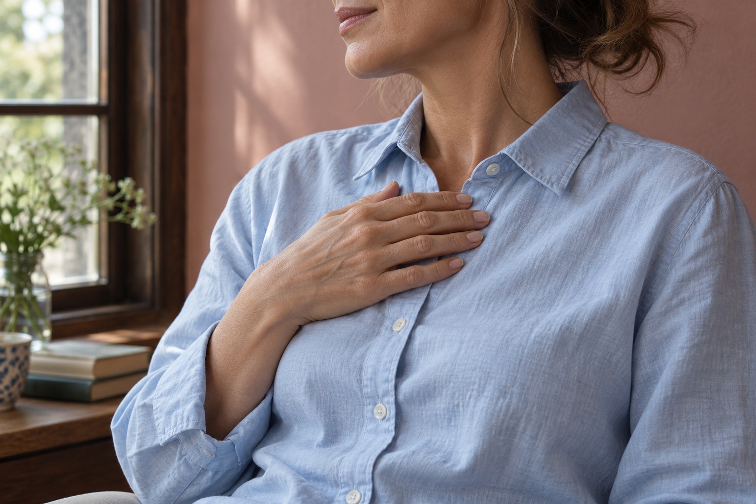Fotografia simbolica generata con IA: Inquadratura ravvicinata di una donna adulta accanto a una finestra, con una mano sulla camicia azzurra sotto la clavicola.